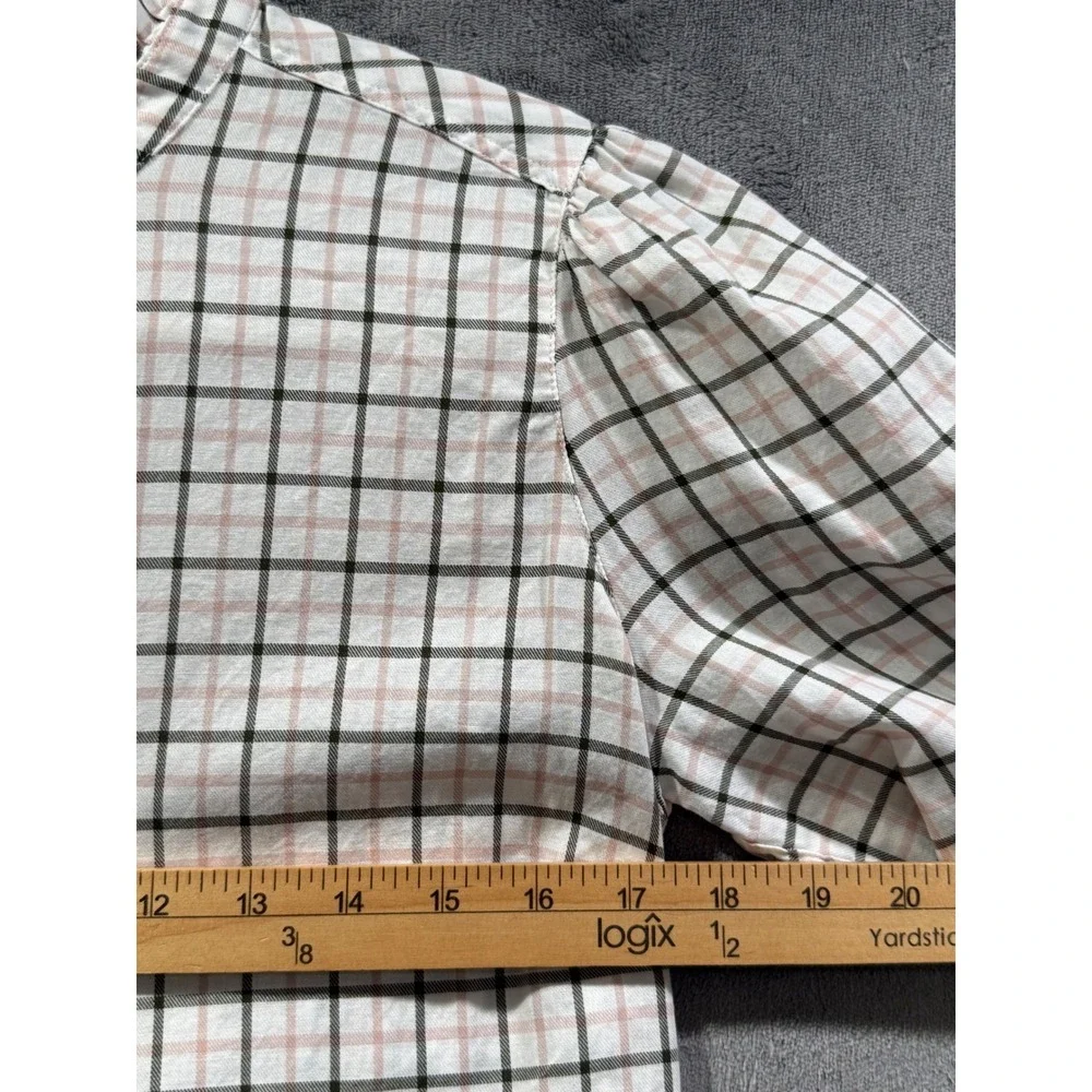 Barbour Daffodil Shirt Pink Green Plaid Ruffle Collar Puff Sleeve Cotton Size 6